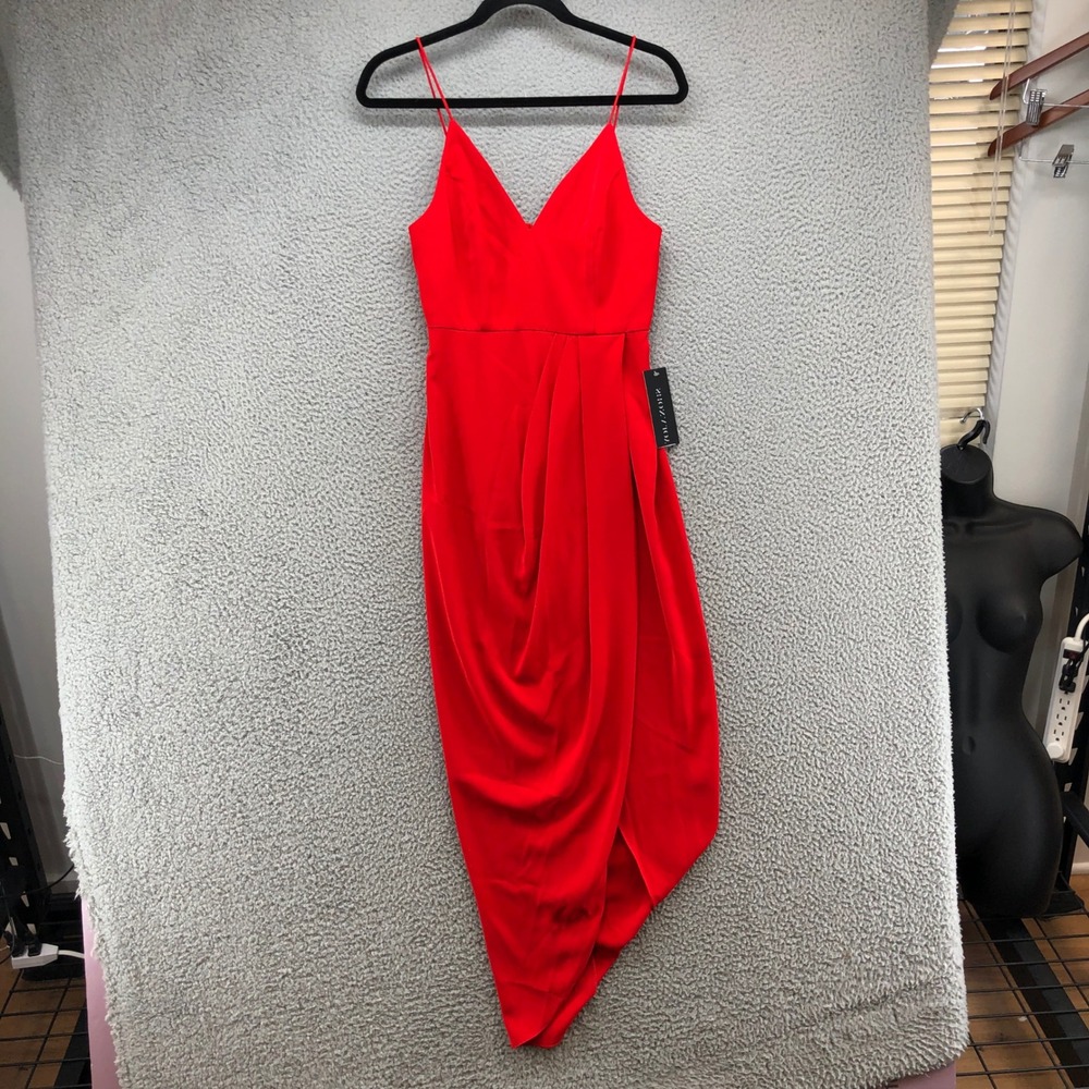 Shona Joy Luxe Draped Cocktail Dress Womens 6 Red Midi Asymmetrical Wrap V-Neck - Picture 8 of 8